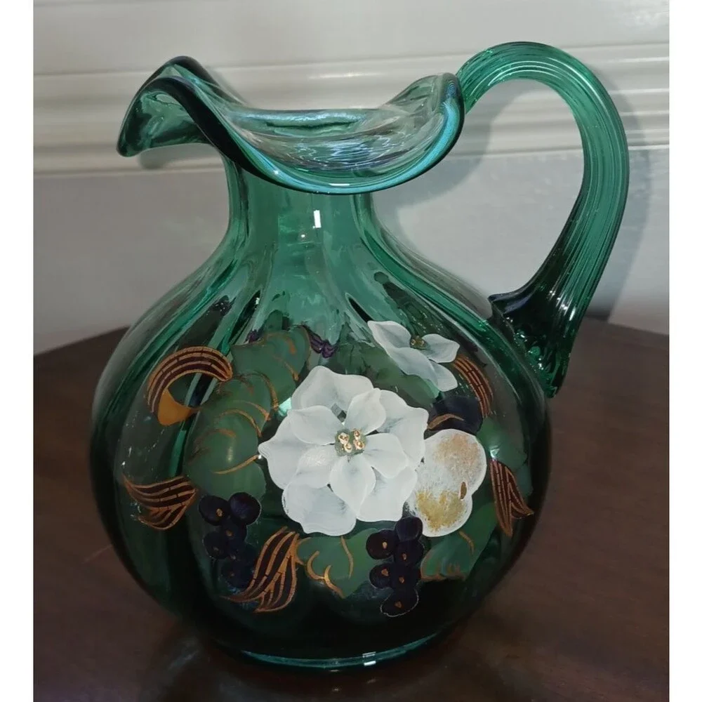 Fenton Seafoam Green Pitcher Floral Art Glass 7